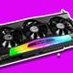 An EVGA RTX 3090 series graphics card floats in front of a purple background.